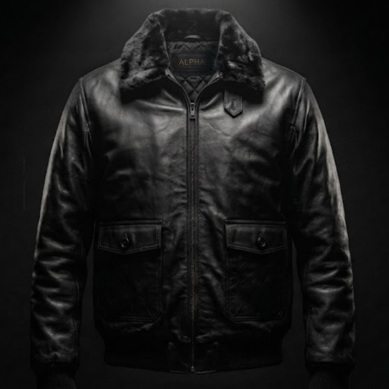 Black leather jacket with fur collar on a black background