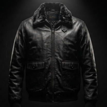 Black leather jacket with fur collar on a black background